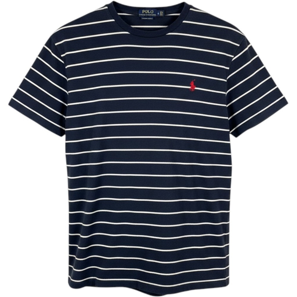 Polo Ralph Lauren Mens Custom Slim Fit Striped T-Shirt Navy White Red Pony Large